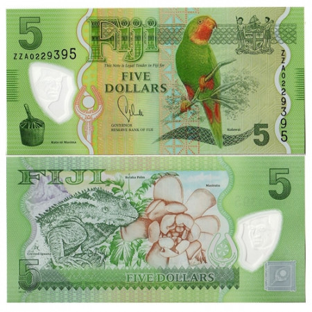 2012 * Polymer Banknote Fiji 5 Dollars "Kulawai Parrot" (p115a) UNC