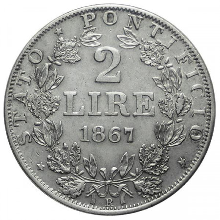 1867 * 2 Lire silver Papal State Pius Vatican Pius IX "Year XXII" XF