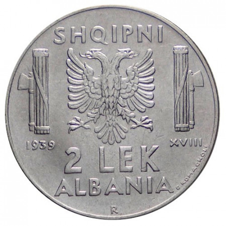 1939 XVIII * 2 Lek Albania "Victor Emmanuel III" Italian Occupation - Non-magnetic (KM 32) XF+