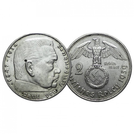 1939 A * 2 Reichsmark Silver GERMANY "Third Reich - Hindenburg" (KM 93) XF