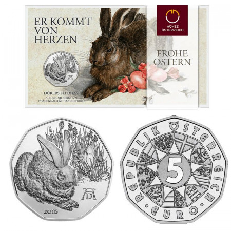 2016 * 5 Euro Silver AUSTRIA "Easter - Young Hare" BU