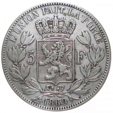 1869 * 5 Francs Silver Belgium "Leopold II" VF 