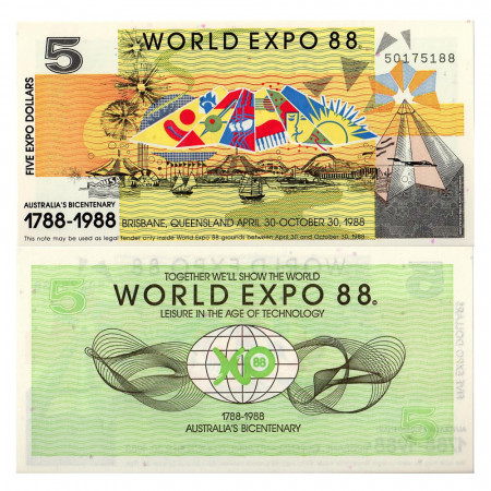 1988 * Banknote Australia 5 expodollars UNC 200 years