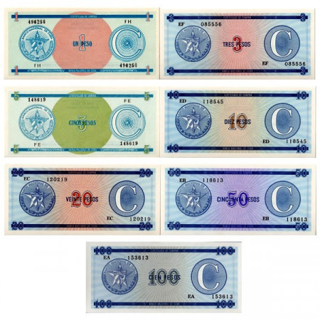 1985 * Set 7 Banknotes Cuba 1-100 Pesos "Certificado de Compra" Serie C UNC