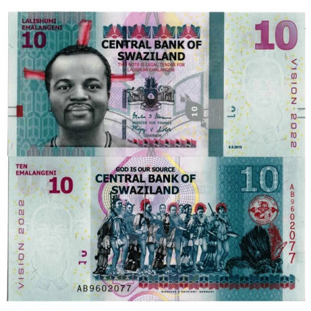 2015 * Banknote Swaziland 10 Emalangeni " King Mswati III - Vision 2022" (p41) UNC