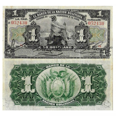 1911 * Banknote Bolivia 1 Boliviano "Mercury" (p102) F