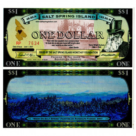 2007 * Banknote Salt Spring Island 1 Dollar "HW Bullock" UNC