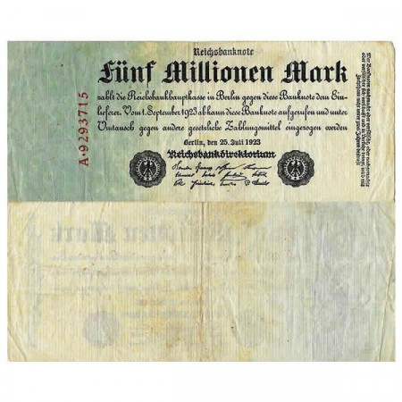 1923 * Banknote Germany Weimar 5 Million - 5.000.000 Mark "Reichsbanknote" (p95) F+