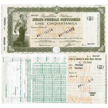 1926 * Buono Postale Fruttifero Italy 50.000 Lire "Oristano - Ulatirso - Annullato" XF