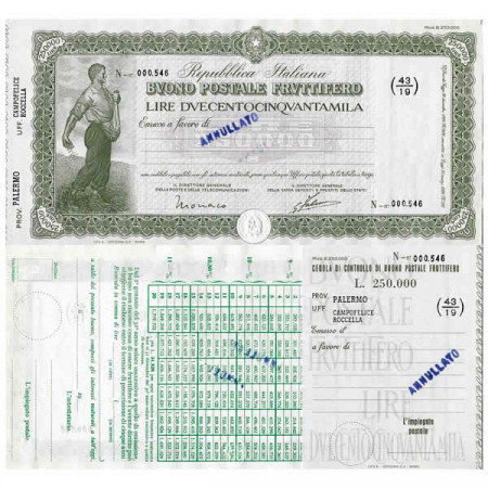 1926 * Buono Postale Fruttifero Italy 250.000 Lire "Palermo - Campofelice Roccella - Annullato" XF