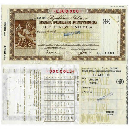 1926 * Buono Postale Fruttifero Italy 500.000 Lire "Cagliari - Iglesias - Annullato" XF