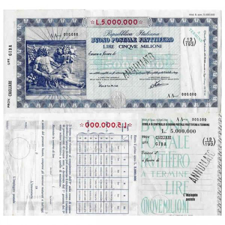 1926 * Buono Postale Fruttifero Italy 5 Milioni - 5.000.000 Lire "Cagliari - Giba - Annullato" XF