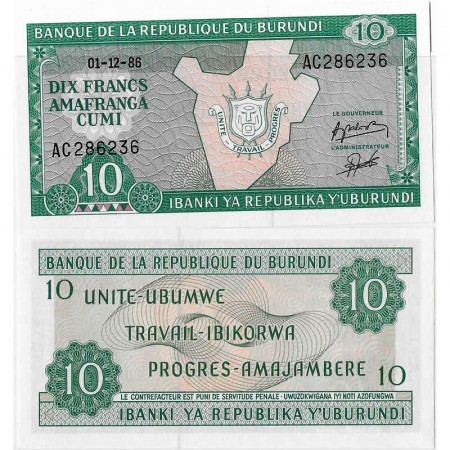 1986 * Banknote Burundi 10 Francs "Arms, Outline of Burundi" (p33b) UNC