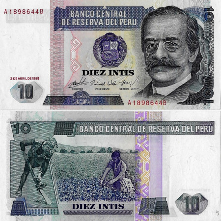 1985 * Banknote Peru 10 Intis "Ricardo Palma - TDLR" (p128) UNC