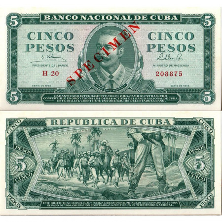 1965 * Banknote Cuba 5 Pesos "A Maceo - SPECIMEN" (p95c-CS3) UNC