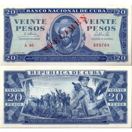 1965 * Banknote Cuba 20 Pesos "Camilo Cienfuegos - SPECIMEN" (p97c-CS3) UNC