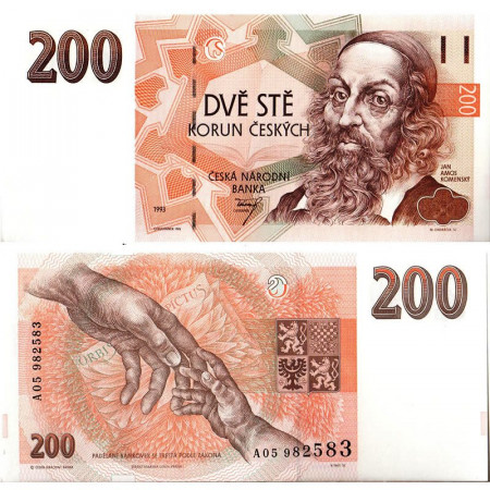 1993 * Banknote Czech Republic 200 Korun "Jan A Komensky - Security Thread 200 Kcs" (p6a) UNC