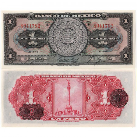 1945 * Banknote Mexico 1 Peso "Aztec Calendar" (p38c) UNC