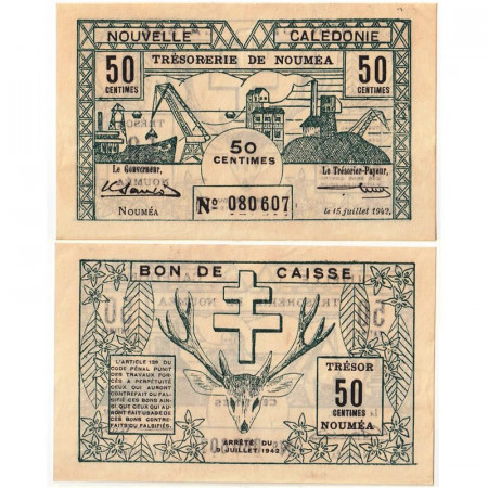 1942 * Banknote New Caledonia 50 Centimes "Ship Stockpile" (p51a) aUNC