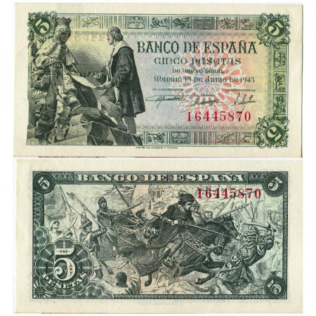 1945 * Banknote Spain 5 Pesetas "Queen Isabel I and Christopher Columbus" (p129a) UNC