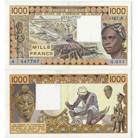 1989 A * Banknote West African States "Ivory Coast" 1000 Francs "Woman - Carver" (p107Ai) XF+