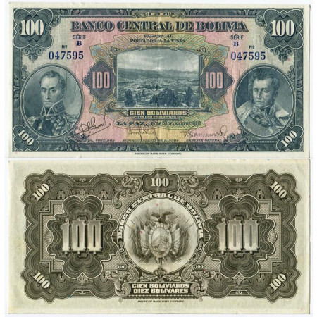 1928 * Banknote Bolivia 100 Bolivianos "Simòn Bolìvar and Antonio José de Sucre" (p125a) XF+