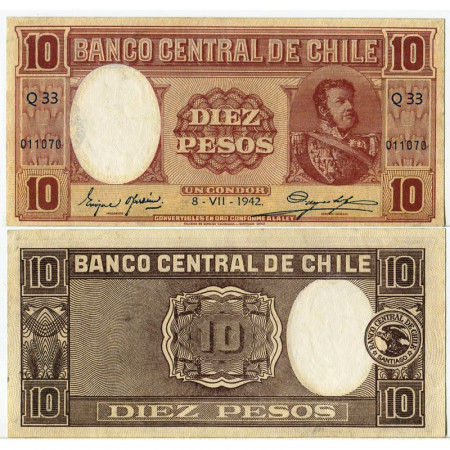 1942 * Banknote Chile 10 Pesos (1 Condor) "Manuel Bulnes" (p92d) XF+