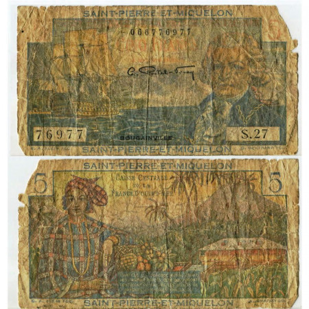 ND (1950-60) * Banknote Saint Pierre and Miquelon 5 Francs "Louis A de Bougainville" (p22) VG