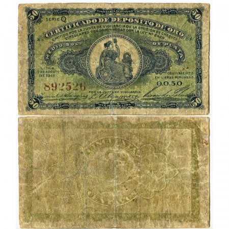 1917 * Banknote Peru 50 Centavos "Liberty" (p30) VF