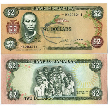 1993 * Banknote Jamaica 2 Dollars "Paul Bogle" (p69e) UNC