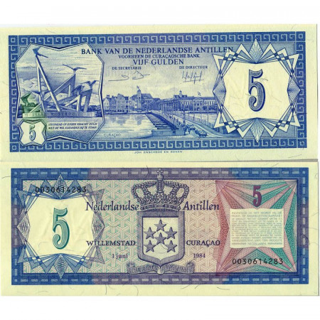 1984 * Banknote Netherlands Antilles 5 Gulden "Queen Emma Pontoon Bridge" (p15b) UNC