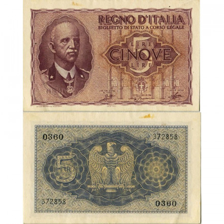 1944 XXII * Banknote Italy Kingdom 5 Lire "Victor Emmanuel III - Imperiale" BS.60 (p28) XF+