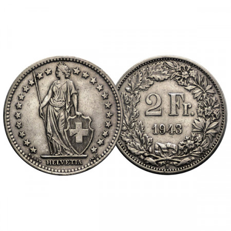1943 B * 2 Francs Silver Switzerland "Standing Helvetia" (KM 21) VF