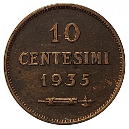 1935 R * 10 Centesimi Copper San Marino "Valore - Type 2" (KM 13) VF