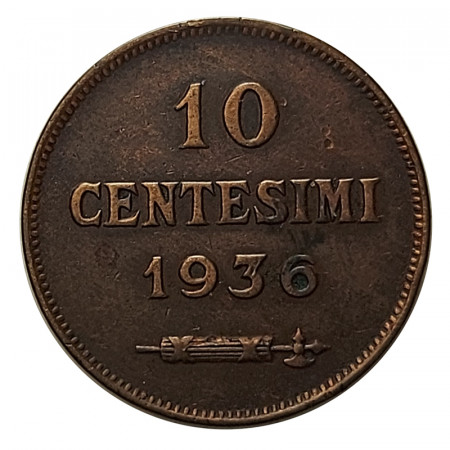 1936 R * 10 Centesimi Copper San Marino "Valore - Type 2" (KM 13) VF+