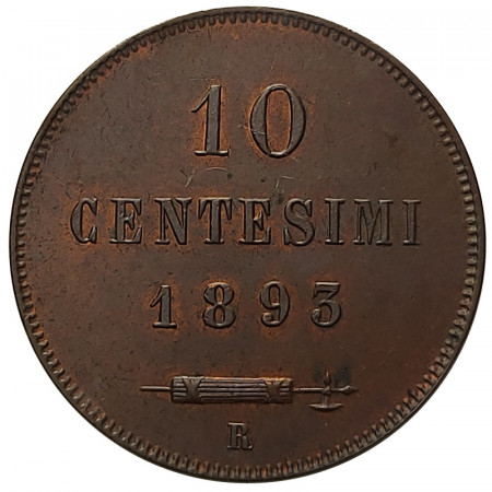 1893 R * 10 Centesimi Copper San Marino "Valore - Type 1" (KM 2) VF+
