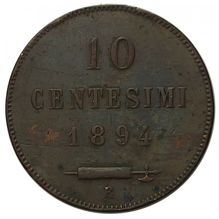 1894 R * 10 Centesimi Copper San Marino "Valore - Type 1" (KM 2) F