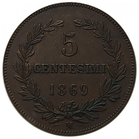 1869 M * 5 Centesimi Copper San Marino "Valore - Type 1" (KM 1) VF+