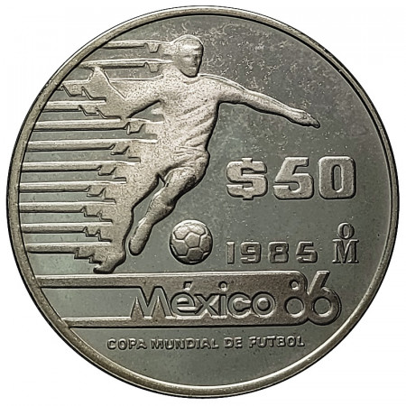 1985 * 50 Pesos Silver Mexico "World Cup Football" (KM 515) PROOF