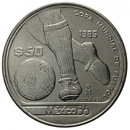 1986 * 50 Pesos Silver Mexico "World Cup Football" (KM 498) UNC