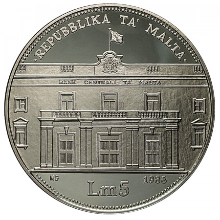 1988 * 5 Liri (Pounds) Silver Malta "20 Anniversary Central Bank Malta" (KM 87) PROOF