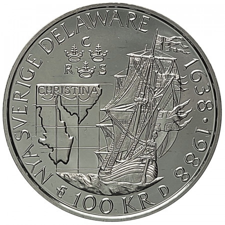 1988 * 100 Kronor Silver Sweden "350th Ann. New Sweden Colony in Delaware" (KM 867.1) UNC