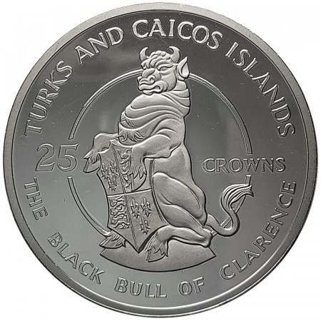1978 * 25 Crowns Silver Turks and Caicos Islands "Black Bull of Clarence" (KM 30) PROOF