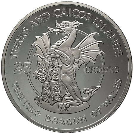 1978 * 25 Crowns Silver Turks and Caicos Islands "Red Dragon of Wales" (KM 26) PROOF