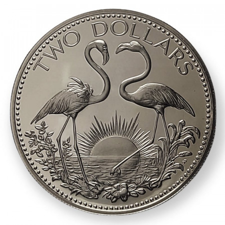 1977 * 2 Dollars Silver Bahamas "Elizabeth II - Two Flamingos" (KM 66a) PROOF