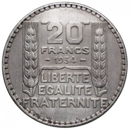 1934 * 20 Francs Silver France "Turin" (KM 879) XF
