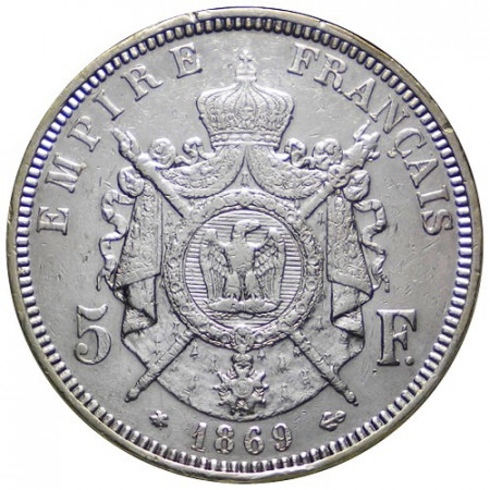 1869 A * 5 Francs Silver France "Napoleon III Laureate" - Paris (KM 799.1) VF