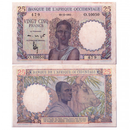 1952 * Banknote French West Africa 25 francs VF