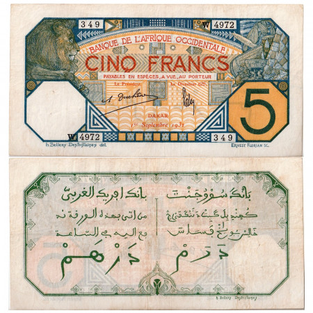 1932 * Banknote French West Africa 5 francs VF