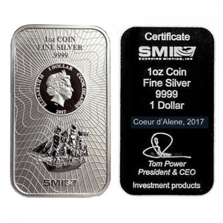 2017 * Bullion Bar 1 Dollar Silver 1 OZ Cook Islands "Bounty - SMI" BU